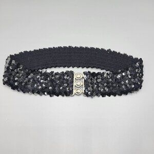Vintage Black Sequin Elastic Stretch Belt Metal Clasp Closure Clubwear